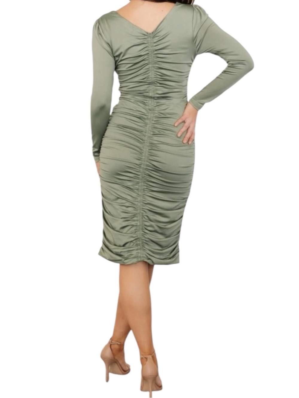 Baltic Born NWT Camden Town Midi Dress Medium in Dusty Sage Green Ruched Detail - Picture 3 of 13